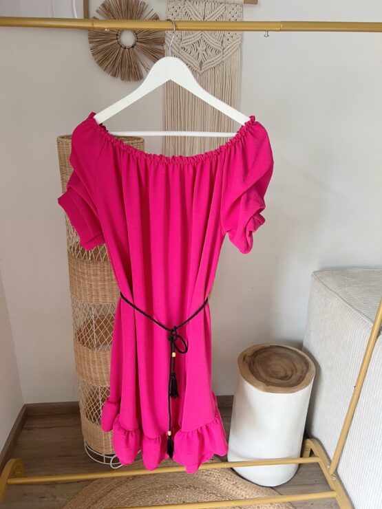 0119 Kleid mit gerüschten Carmen Ausschnitt weiß, rosa, khaki, blitzblau, pink, blitzblau – Bild 5