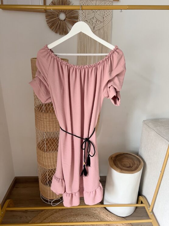 0119 Kleid mit gerüschten Carmen Ausschnitt weiß, rosa, khaki, blitzblau, pink, blitzblau – Bild 6
