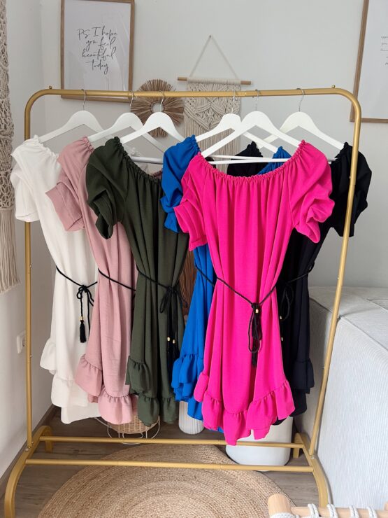 0119 Kleid mit gerüschten Carmen Ausschnitt weiß, rosa, khaki, blitzblau, pink, blitzblau
