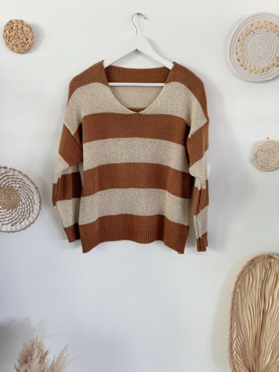 0216 Pulllover mit Streifen in beige, rost, khaki und schwarz - Image 2