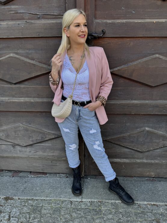 0297 Blazer mit Leo Print Innenfutter in pink, flieder, beige, schwarz, hellblau – Bild 9