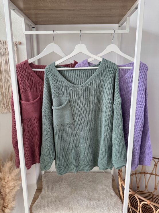 0259 kuscheliger Strickpulli mit Brusttasche in beige, grau, schwarz, flieder, mint und beere - Image 9